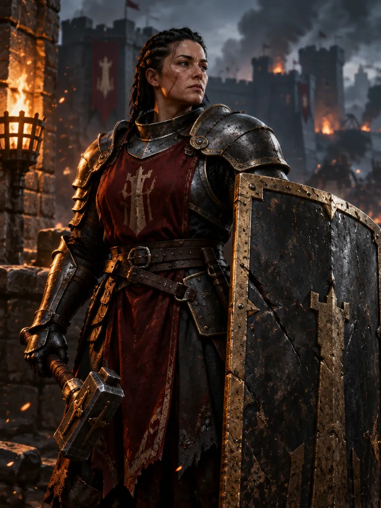Bulwark: prajurit perempuan berzirah pelat dan tabard oxblood, memegang perisai menara bertepi emas dan palu perang.
